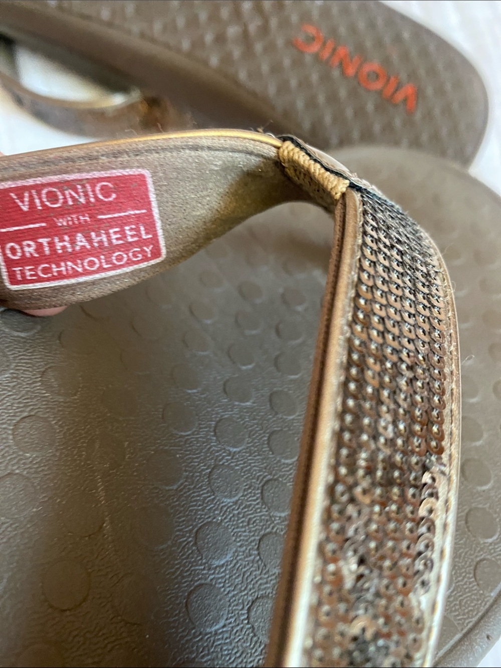 VIONIC Women’s Sequin Strap Flip Flop Sandals - Gold Brown - Picture 6 of 7